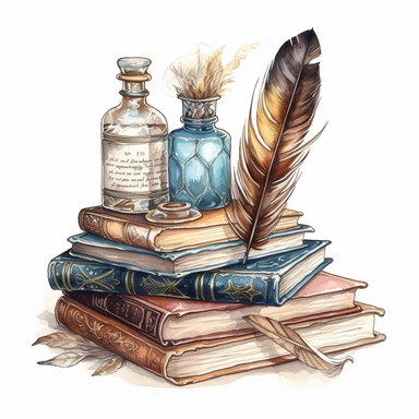 watercolor, hyper realistic, white background, white margins, 16k, ultra detailed clipart, cut out image, hand-drawn, whimsical a Victorian-style book with a feather quill and ink bottle on top, placed on a stack of old leather-bound books, with a color scheme of warm beige and soft blue.