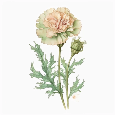 A watercolor clipart featuring a single delicate carnation flower. The flower is depicted with intricate details, capturing the texture and delicacy of each petal and leaf. The watercolor technique used in the painting gives the image a soft, dreamy quality, with the colors blending together in a way that suggests movement and life. The single flower design adds a simple and elegant touch to the image, making it suitable for a variety of occasions such as weddings, bridal showers, or other celeb