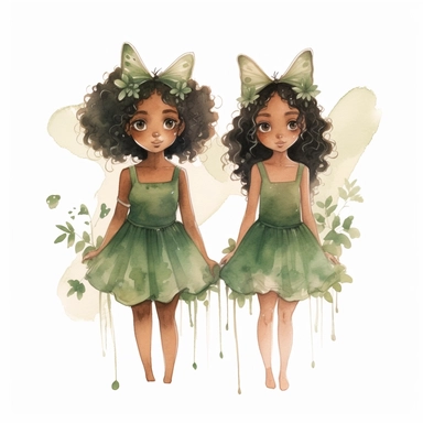 twin cute brown skin fairy girls clipart watercolor green dress [turnabout] front view, looking at camera cw, 8k, hd v5 line drawing