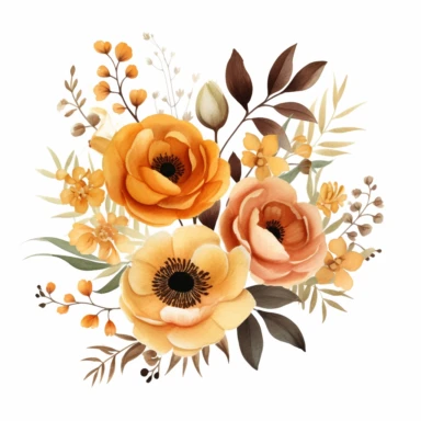 watercolor Vintage flowers, orange yellow and brown hues, autumn vibes, clipart on a white background