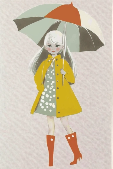 <https://s.mj.run/49ZvoIFW24o> <https://s.mj.run/VafKh_OyowI> Mary Blair style, minimalistic nordic style single clipart, baby 70s hippie fashion model with umbrella, minimalistic pastel color palette,