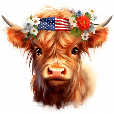 Cute Beautiful baby Highland Cow Head Wearing USA headband Sublimation Clipart ,Cartoon,hyper realistic, intricate detail, illustration style,high solution,wearing an american flag and flowers, in the style of digital print, skottie young, serene faces, scottish landscapes, tim holtz, hannah flowers ,on the white background