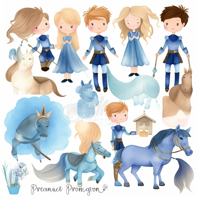 A watercolor collection by Penelope Whimsy, showcasing a playful and heartwarming clipart set of blue fairy tale prince characters in 5 diverse hair and skin colors, complemented by delightful details such as a shield, horse, dragon, prince crown, castle, knights, and armor, great for designing invitations, planner stickers, party printables, and embroidery projects. clipart