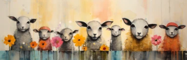 a row of cute little tiny lambs, a collage of mixed media art made with tissue paper, magazine and newspaper clippings, oil paint, graphite pencil lines and fabric, in the style of playful surrealism, whimsical, washi tape
