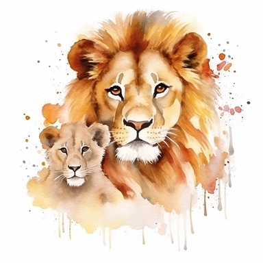 watercolour clipart, loin and baby lion, rich earth tones, sublimations