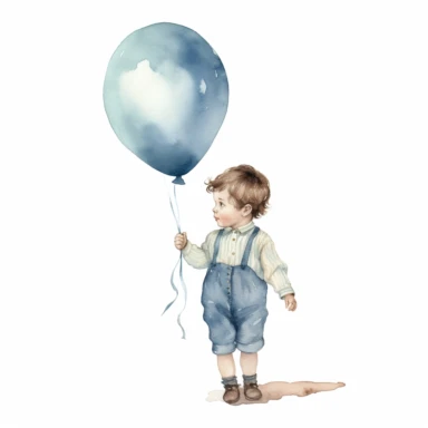 high quality, png, clipart, white background, watercolor vintage little cute boy with blue balloon