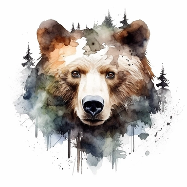 double exposure, bear head and forest,watercolor,white background,clipart