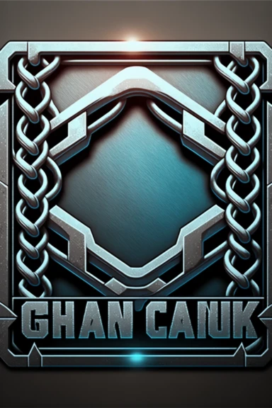 grungy metallic Flat coloured card design of a symmetric thick silver chain link icon cardback , cartoony clipart card design, Logo, glowing Gundam visor magic spell icon, little-flat Graphic Design , grey metal grid background
