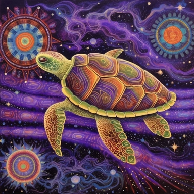 A oil painting of a turtle clipart with a surreal and fantastical design, floating in a starry sky with planets and comets. The turtle has a large body, a long neck, four wings, and a spiral tail. only four legs. Its shell is covered with intricate patterns and symbols in glowing colors. The background is a dark purple sky, creating a contrast with the turtle’s luminous appearance. The painting has a magical and mysterious style, with an imaginative use of elements and colors. The perspective is