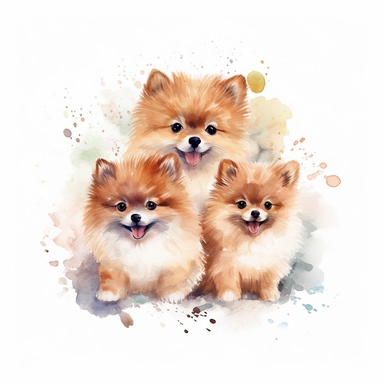 Watercolor Cute Baby Pomeranian Clipart, With his brothers, White Background, no caption