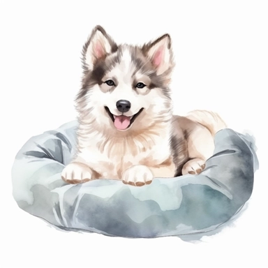 watercolor cute happy baby siberian laika dog lying on a pillow made of cotton and yarn with a bone shaped kibble in his mouth, vibrant caricatures, cartoon style, clipart