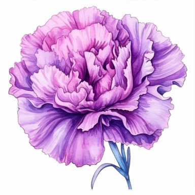 Watercolor purple carnation clipart on a white background in the style of feminine sticker art, Tanya Shatseva, storybook illustration, deep purple and lavender hues, Georgia O'Keeffe, flower and nature motifs, colored line art, colored outlines, cottagecore design, watercolor on white background, ombre, royal tones, colored line art, colored outlines, iridescent ombre, gradient shading, symbol of capriciousness, vibrant digital art oil paint photorealism, an illustration of a colored flower, me