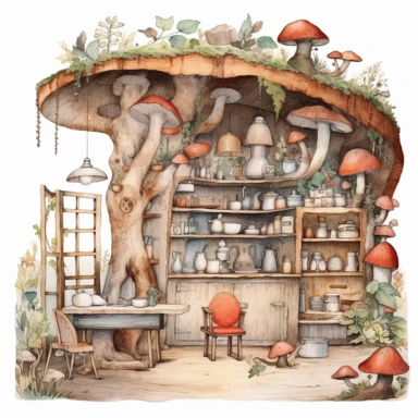 A hyper - detailed illustration watercolor clipart of a whimsical Interior shot, wooden home, tree trunk, beaver home, kitchen, dining, snails, mushrooms, childlike, colored style, watercolor style, illustration style, pencil drawing, watercolor illustration, sweet soft color, illustration style a combination of Beatrix Potter and Tove Jansson, isolated on white background with margins, cut - out images