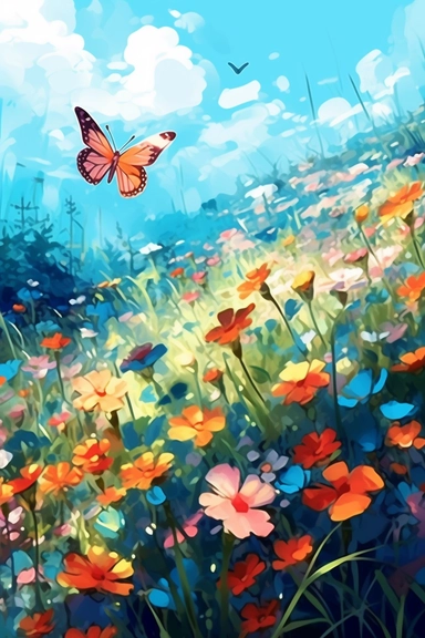 butterflies on a flower field, in the style of 2d game art, nostalgic paintings, 32k uhd, colorful dreamy watercolor scenes, adventure pulp, classical, historical genre scenes, rough-edged 2d animation, watercolor clipart