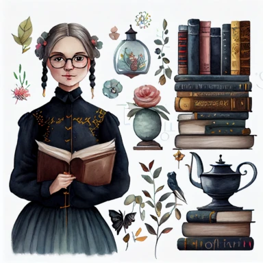 Dark academia librarian girl, folk art, sweden, watercolor, clipart elements, white background