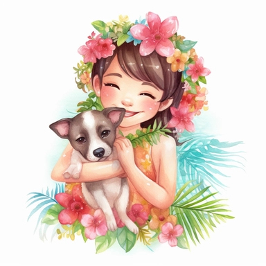 watercolour, tropical island setting, showcase an adorable little Hawaiian girl huggking her adorable little puppy, the puppy has a flower lei around her neck, the little girl has flowers in her hair, the feeling is happy, magical, clipart style