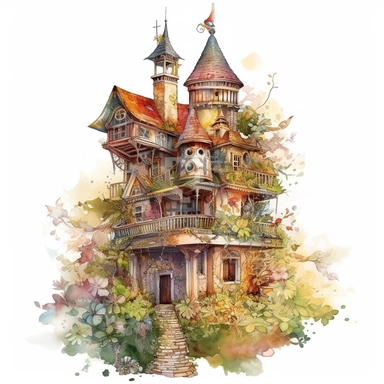 beautiful , sharp focus, no blur, artists rendition,intricate detail, high resolution, watercolor birdhouse victorian castle clipart, white background,