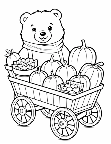 clipart cartoon cart with teddy bear and pumpkins in the style of Pierre-Auguste Renior black and white child's coloring book, black and white smooth thick lines, solid white background, no background