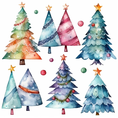 Watercolor christmas trees with christmas ornaments with gift boxes underneath, illustrations clipart set, simple, christmas colors , cartoon elements, different variants , candy cane, hollybell, bow, separate elements with a margin