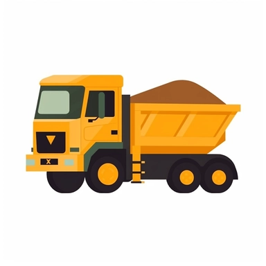 a yellow colored dump truck clipart, flat vector style for kids, isolated on a white background, in the style of simplified shapes, minimal colors, maximum of 5 colors, cut-out silhouettes,