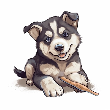 Alaskan Malamute, cartoon clipart, wathercolor of art adorably puppy on white background, simple and Adorable little puppy sitting on the ground with a bone in its mouth, big eyes and a friendly expression, cleaning