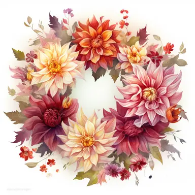 Watercolor Painting of beautiful multi - headed Dahlia Wreath FLOWERS on white background DETAILED ILUSTRATION, Flora Design Patterns, Flemish Baroque by Rachel Ruysch, Behance, Rococo, Intricate Detailed, Soft Light Effect, Oil Paint Strokes, Light Academia Aesthetic Flowers, Lighting cinematic, all shown shimmering stamens, tyndall light, texture, colorful, 8k, fantasy, ray tracing, vivid, spectacular lighting, octane rendering, highly detailed, ultra - realistic, white background, clipart