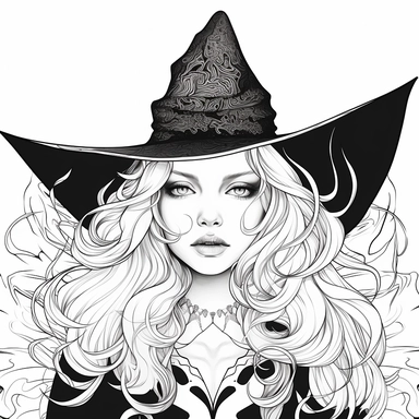 simple black and white clip art, Silhouette crisp line coloring page, happy kawaii cartoon exotic Fantasy breathtaking witch, white fancy witch dress with a cape costume, crisp line art, full symmetrical head, center of the frame, perfect detailed close up face portrait-fantasy on white background. It was a tribute to artstation, Aleksi Briclot‘ and Charlie Bowater‘s iconic style, digital art illustration, vector crisp line, sticker style, with beautiful big eyes and pointed hat and long curly h