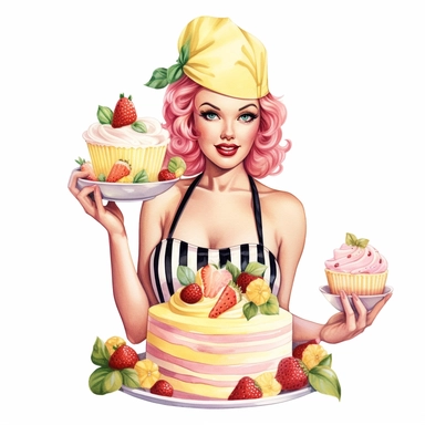 Hand drawn pin up woman, wearing a yellow bakers hat, pink and white striped apron, holding lemonade cake with lemons, with strawberries and blossoms, glamorous, half body, very detailed and realistic, watercolor, white background with margins, clipart style