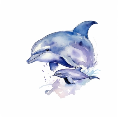 a Dolphin With Baby in the style of watercolour clipart with detailed brush strokes
