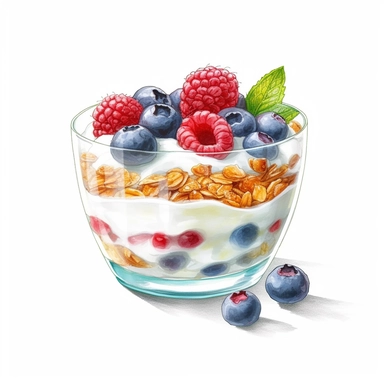 realistic granola and yogurt watercolor clipart on white background