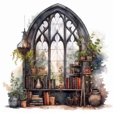 Magical style wizard's magic attic corner with watercolor effect, suitable for digital clipart, full of old magic tools, cabinet full of magical plants, a gothic style window with landscape, white background, magical scene, fairy dark colours