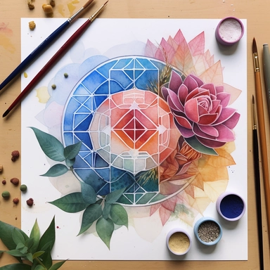 Unleash your inner artist with a hilarious and mind-bending challenge: create an abstract watercolor artwork inspired by the sacred geometry of platonic solids, incorporating intricate mandalas and high-detail botanical elements. But wait, there's more! Your artwork must also feature a houseplant, a flower, and a geometric object - all as clip art elements that could be used in a graphic design project. And to up the ante even further, you must create this masterpiece while wearing a ridiculous 