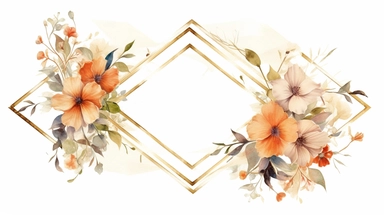 a simple gorgeous aesthetic vintage gold diamond-shape picture frame with minimal flowers border around outside the frame on soft beige background clipart, watercolor painting realistic, high quality, vibrant, Vicente Romero Redondo, Willem van Aelst