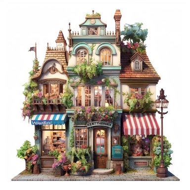 a very cute toy shop with lots of toys , clipart, exterior view, cozy, flowers, luminious, dramatic lighting, super detailed, daytime, Thomas Kinkade style, watercolor, 8k, on isolated white background