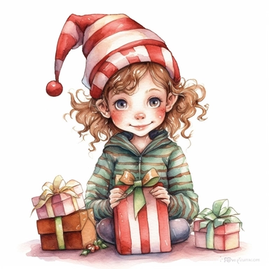 Claudia tremblay style watercolor clipart high detail a sweet little elf who works in the christmas gift, cute girl elf on a white background