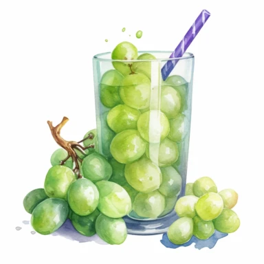 An Green Grapes fruit with a straw inserted, as if ready to be juiced or drink , Watercolor, pastels, clipart, beautiful, colourfull, png transparent white background, high resolution, no caption q4 s2