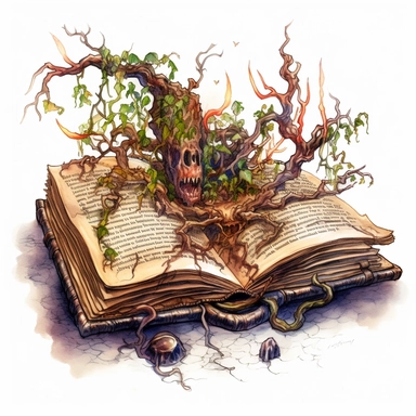 Solid white background, Detailed watercolor open ancient magic book with carnivorous vines swelling from the book's pages clipart. The visable pages of the book have fire etched runes on them visibly.