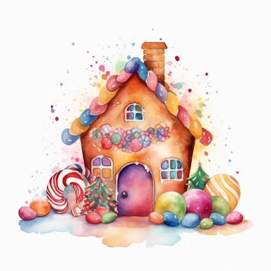 Watercolor, clipart, Gingerbread House with colorful icing and candy decorations, on white background, space out ar 3:2