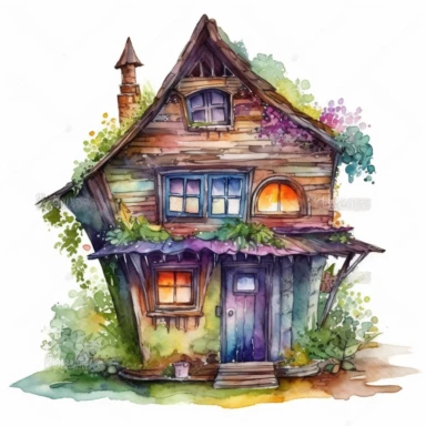 watercolor clipart of a tiny elf house with small details, vibrant colors, magical, mystical, celestial, high quality watercolor image on white background