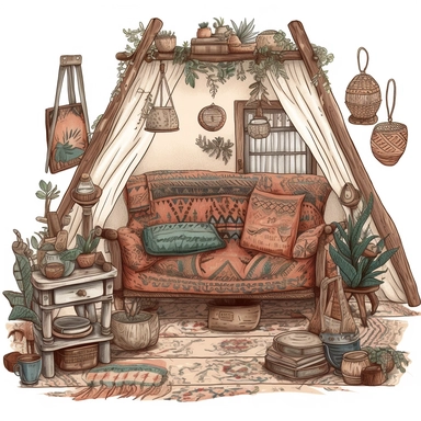 cozy liveroom boho, object, inside border, clipart