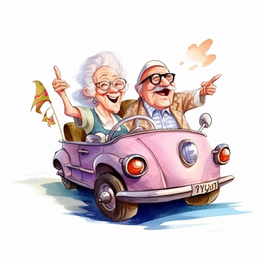 Cartoon funny grandpa and grandma riding a convertible car illustration clipart, detailed, white background, illustration painting, digital art, 8k, hd, watercolor