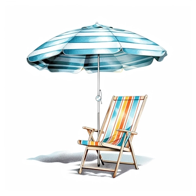 Beach Umbrella, Deck chair,beach in Sublimation Clipart,hyper realistic, intricate detail, illustration style,high solution,on the white background