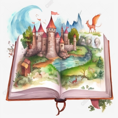 a big opened Fantasy Book Laying there as the main subject with a heroic scenery featuring a castle and magical creatures and objects imerging out of the fantasy book. In a mesmerizing clear lined simple and realistic watercolor illustration style by Valentina Verlato using bold and saturated colors. It is a png clipart on a white background, it should be easy to cutout and remove the background from, so only use saturated colors around the edges of the clipart. The composition is central with a