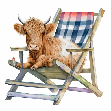 Highland Cow in a deck chair, Watercolor, Clipart, Farm Animal, clipart, white background