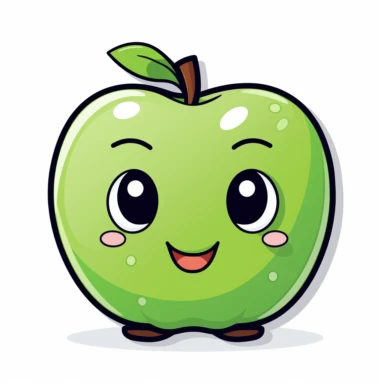 digital sticker, cute white apple mascot character, strong use of color, cartoon clipart, vector, white background
