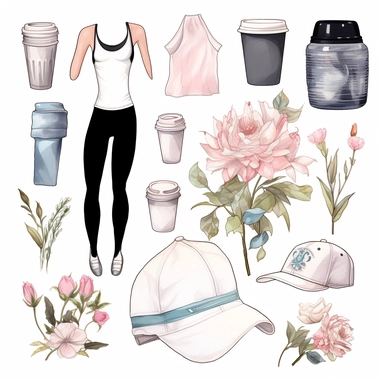clipart element sheet,christian dior and alexander mcqueen lululemon inspired fashion outfits leggings, sports bras, water bottles, yoga mats, clipart, t - shirt design, isolated on solid white background, png, vector t - shirt design