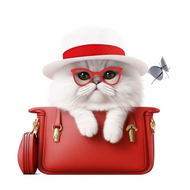 white cute Persian cat with hat and sunglasses inside the the red purse on white backgraund clip art