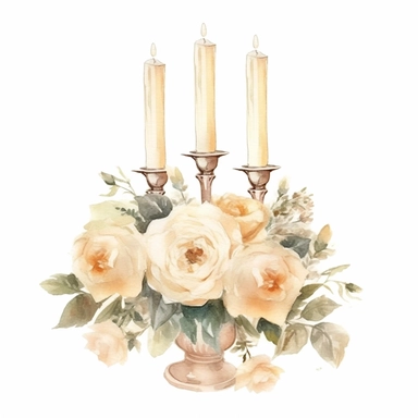 Watercolor ivory roses bouquet with vintage candle holder wedding Clip Art , illustration, sublimation, white background for removing background