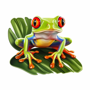 Red-Eyed Tree Frog on a leaf in the style of clipart white background