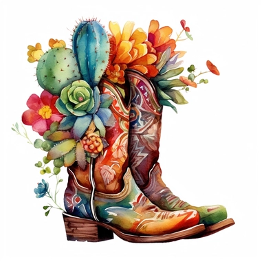 Craft a mesmerizing watercolor clipart illustration on a white isolated background vector, showcasing intricately designed leather cowboy boots embellished with an explosion of colorful floral patterns, surrounded by a diverse and captivating array of cactus and succulents. Take inspiration from the artistic style of Jean Haines, a talented watercolor artist recognized for her vibrant and spontaneous brushstrokes, to infuse the composition with a sense of movement and vitality, evoking the beaut